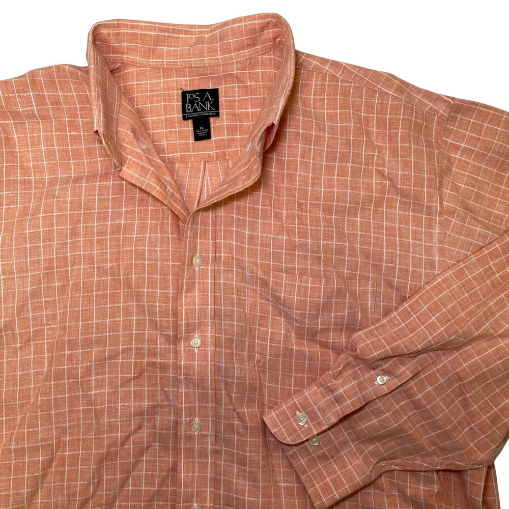 Jos A Bank Travelers Collection Mens XL Orange Check 100 Linen Button Down Shirt